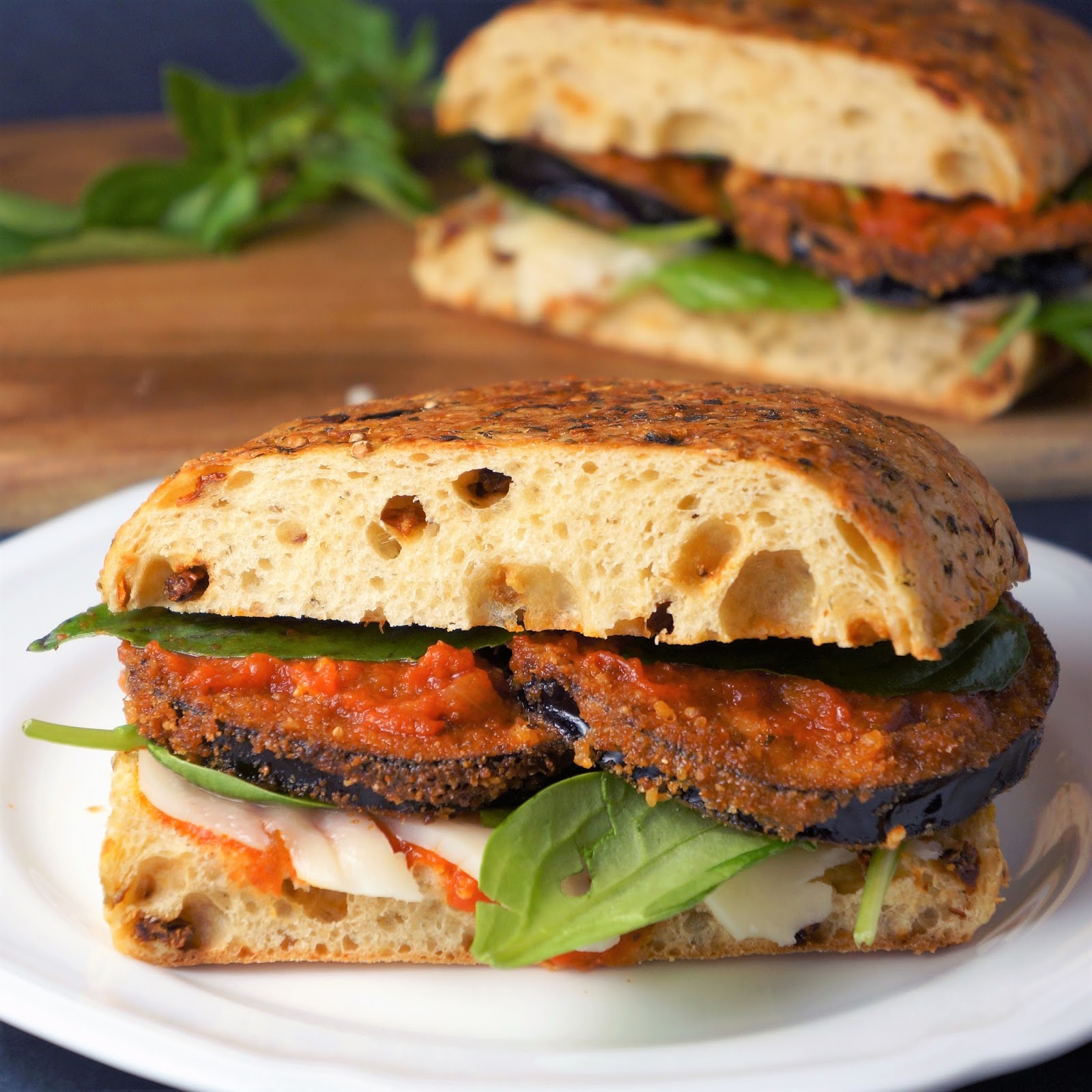 The Scattered Cook Eggplant Parmesan Sandwich on Herbed Ciabatta Bread
