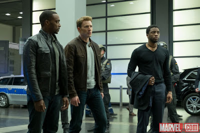 Chris Evans, Anthony Mackie and Chadwick Boseman in Captain America: Civil War