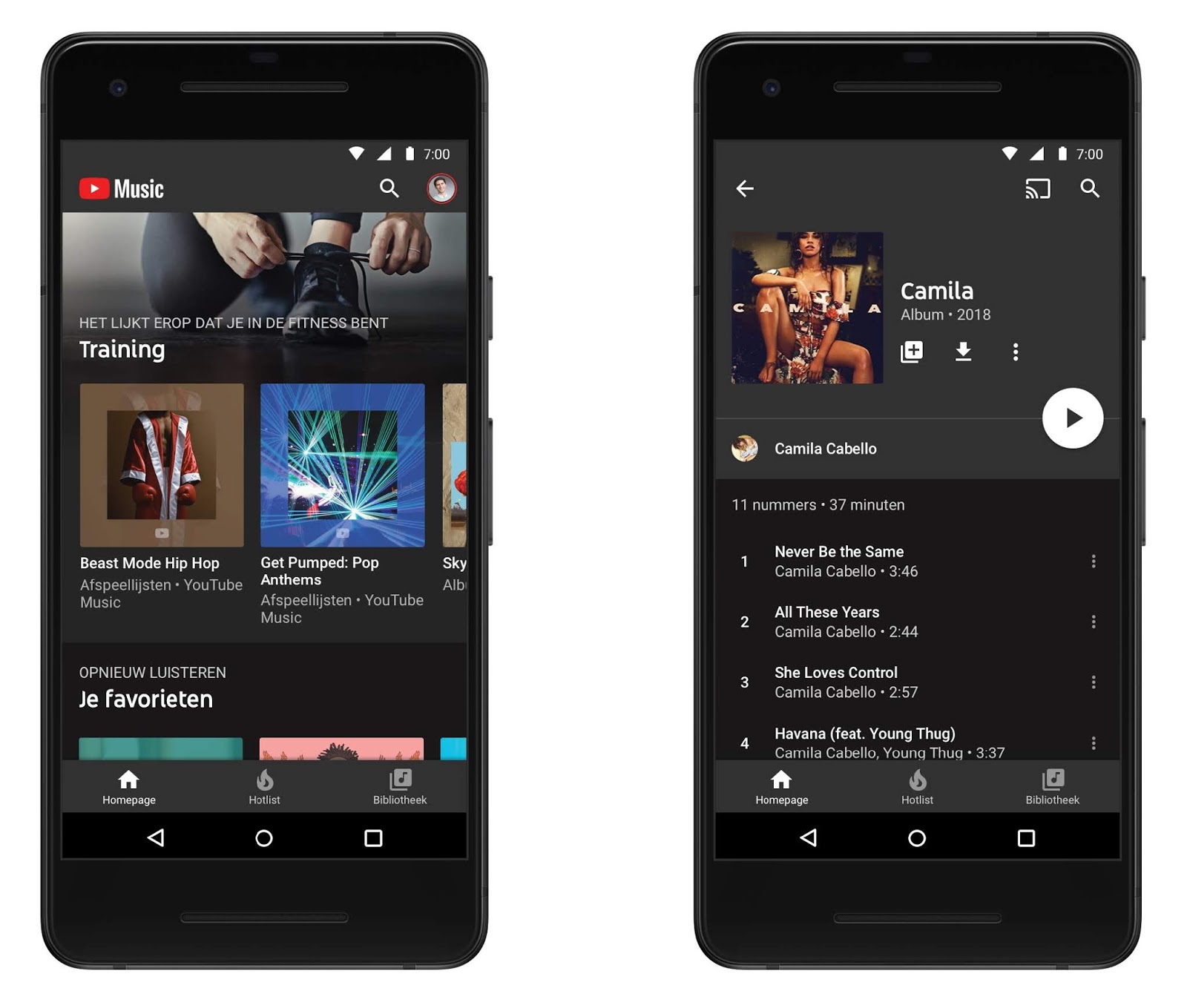 Twee telefoons met de YouTube Music-app die verschillende afspeellijsten weergeeft.