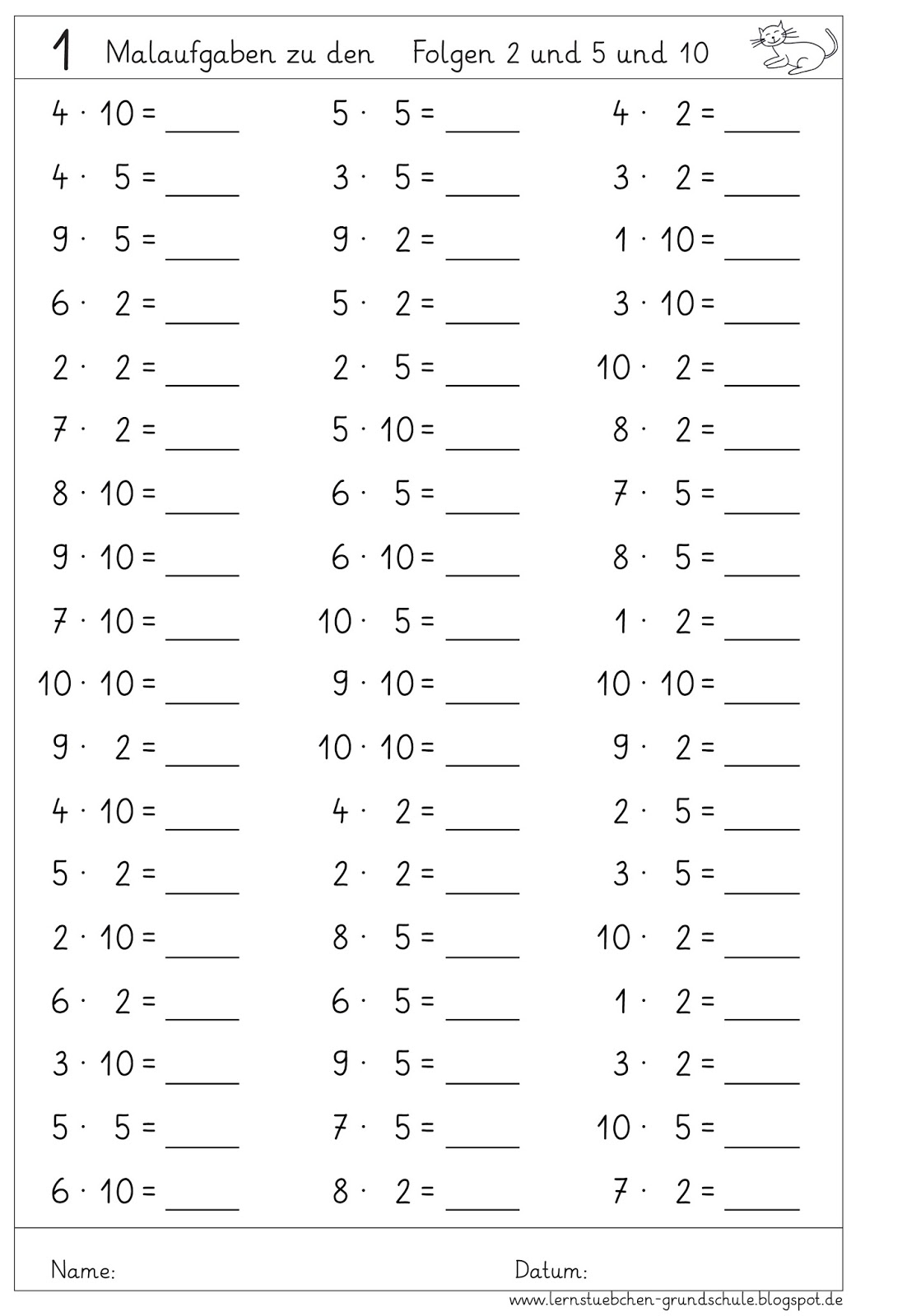 Lernstübchen: Kopfrechenblätter Einmaleins (multiplizieren und dividieren 2 und 5 und 10)