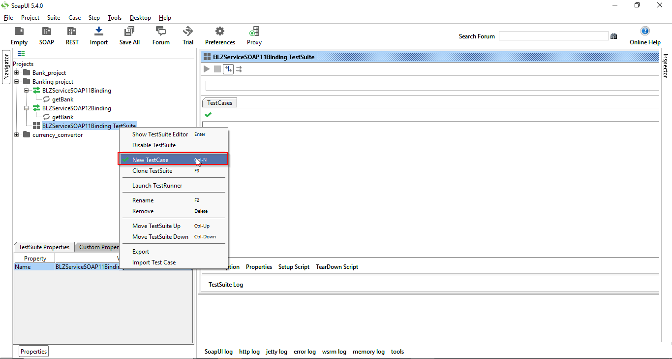 SoapUI How to create Soap project with new test suite using WSDL URL