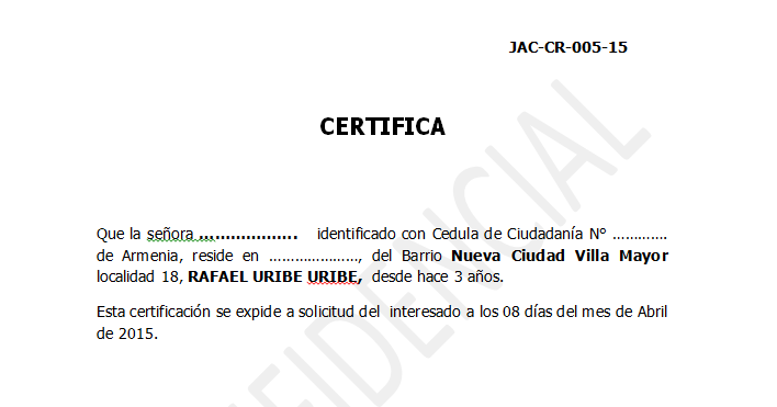 Junta de Acción Comunal Nueva Ciudad VIllamayor: Certificado de Residencia