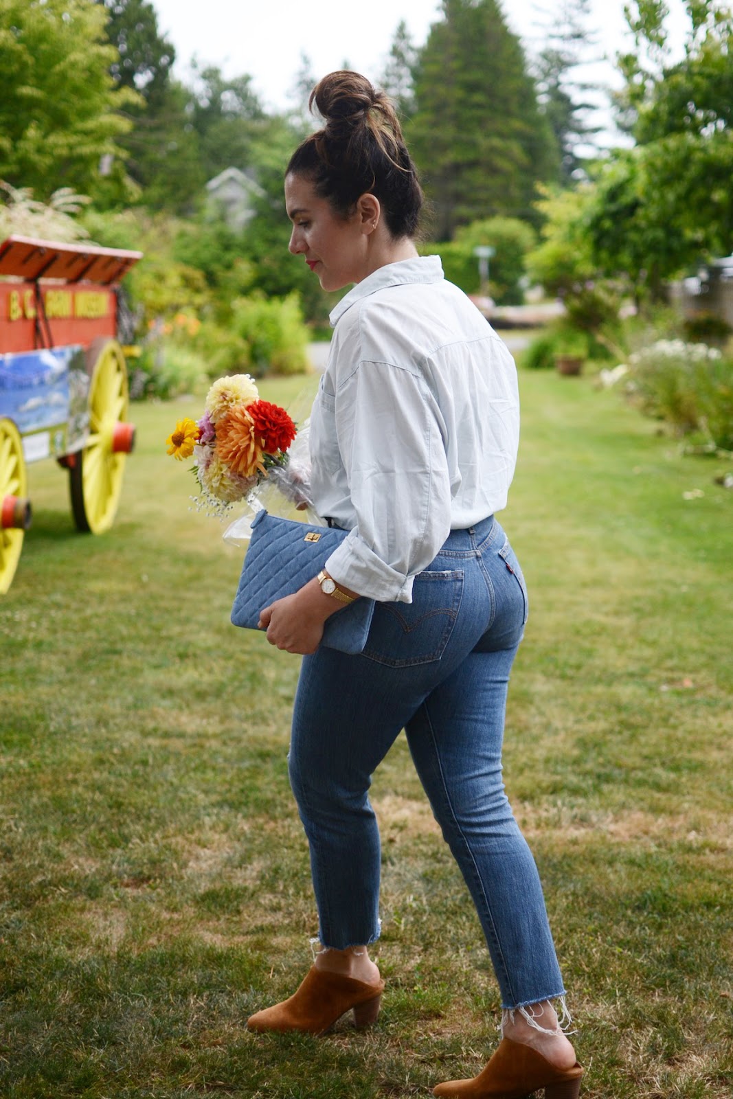 Chanel denim pouch levi's wedgie jeans outfit fort langley vancouver fashion blogger Canadian tuxedo outfit