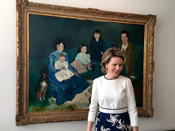 Queen Mathilde visited exhibition of the 'In the Open Air' at the Boverie Museum in Liege. Queen mathilde wore skirt, wore blouse, spring summer 2016 new style fashions