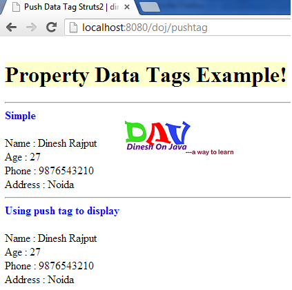 Struts 2 Push Tag Example