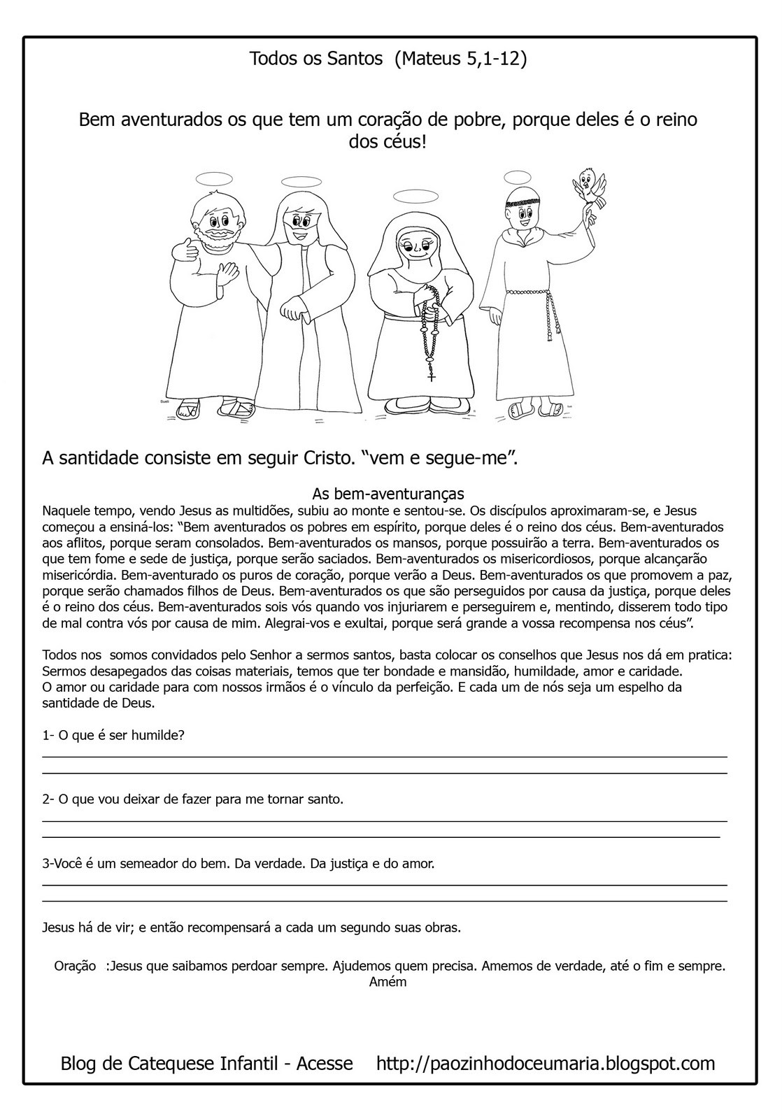 Pãozinho do Céu: Solenidade de Todos os Santos (mateus 5, 1-12) Atividade para Catequese