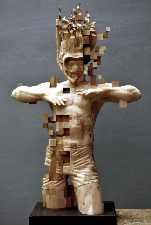 A Pixelated Wooden Snorkeler Sculpted by Hsu Tung Han