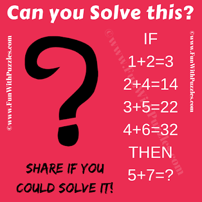 If 1+2=3, 2+4=14, 3+5=22, 4+6=32 Then 5+7=?. Can you solve this Tricky Logic Riddle?