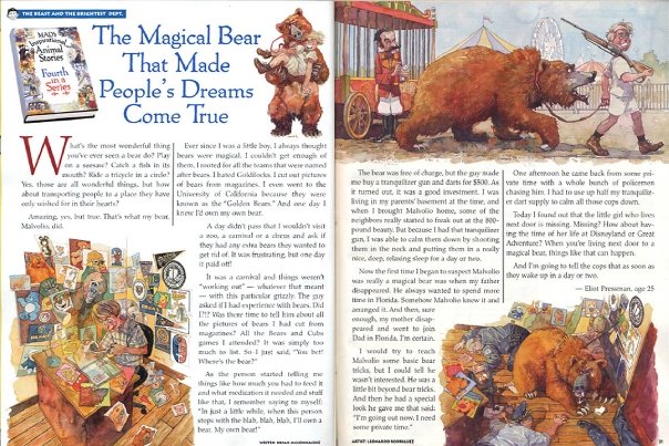 Illustrated double page spread from Mad Magazine.  It's like a humorous tale where a blond boy hunter buys a huge Grizzly bear and how the police try to take it away and are neutralized by the boy with tranquilizer darts.