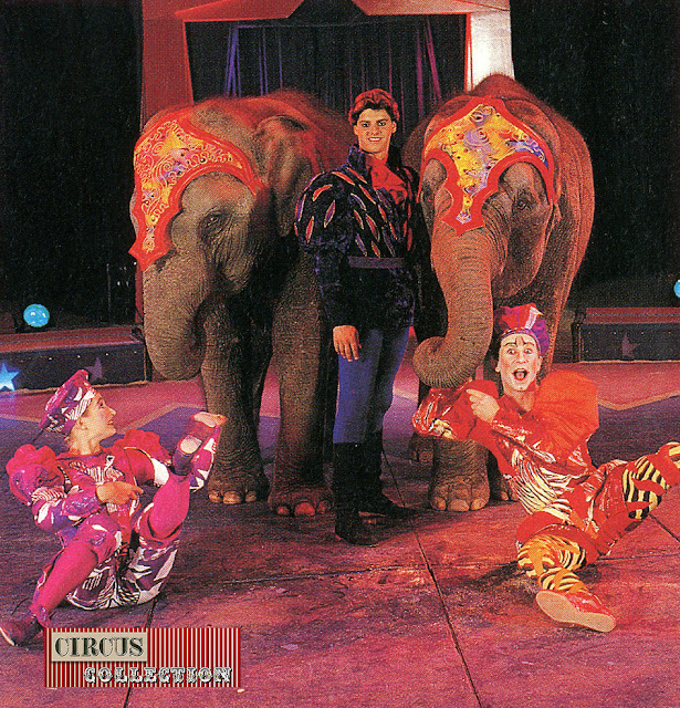 Louis Knie junior avec deux éléphants et deux figurant du cirque du soleil don Mascha Dimitri