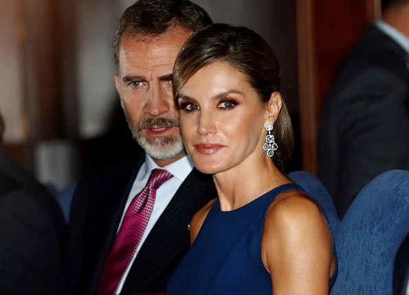 Queen Letizia Carolina Herrera top and skirt at Princess of Asturias Awards concert. white gold diamond earring