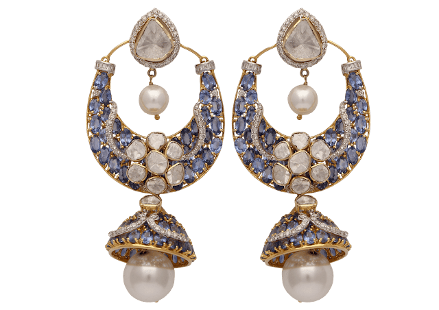 Chandbali curated in 18 K gold and studded with uncut diamonds and blue sapphire and pearl by Tanya Rastogi for Lala Jugal Kishore Jewellers Chandbali curated in 18 K gold and studded with uncut diamonds and blue sapphire and pearl by Tanya Rastogi for Lala Jugal Kishore Jewellers