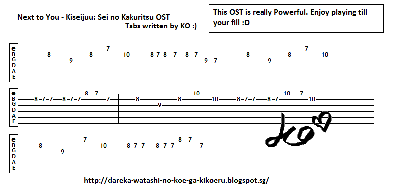 Anime Guitar Tabs: Tabs for Next To You - Kiseijuu: Sei no Kakuritsu OST.