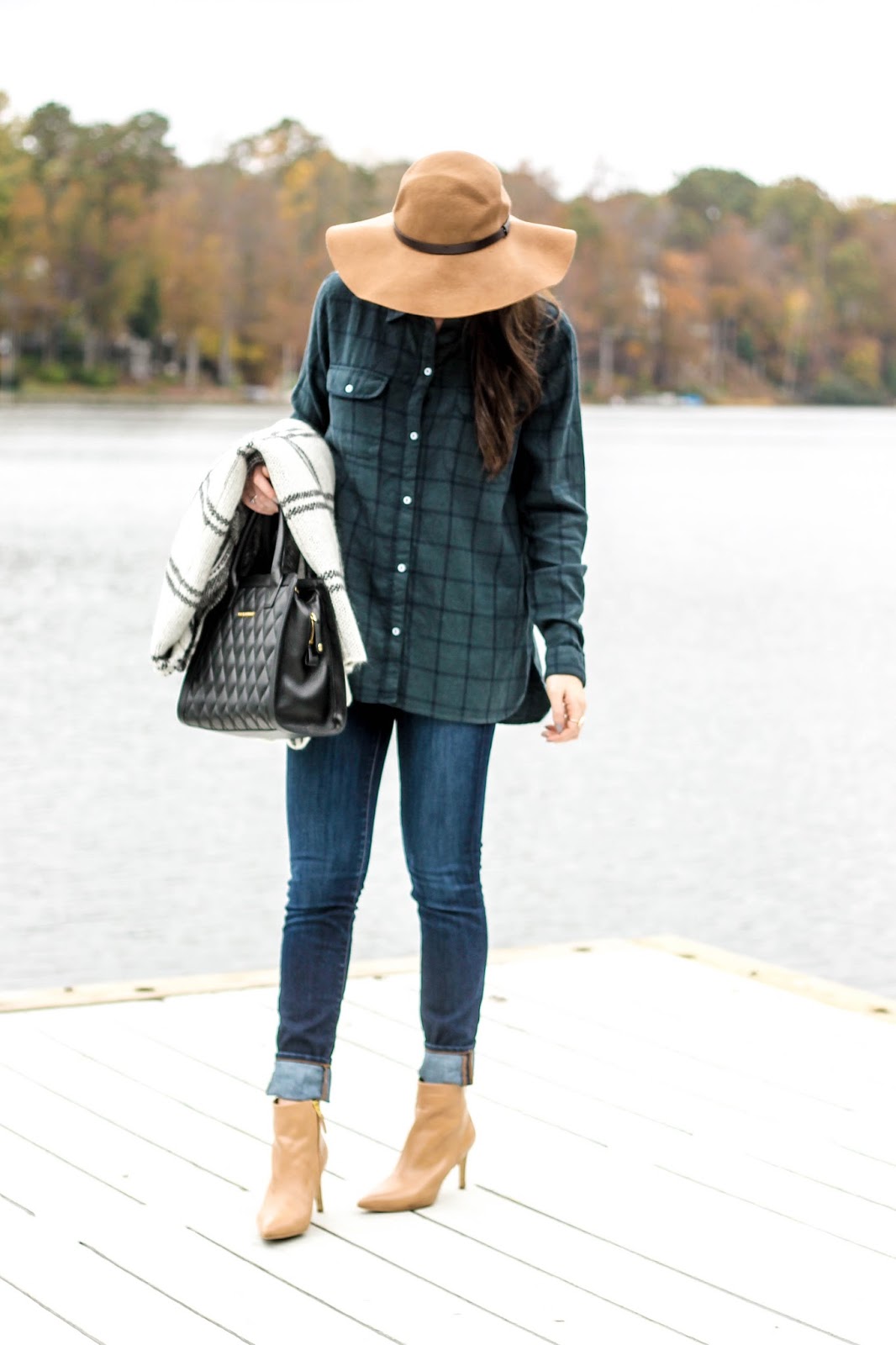 Plaid Shirt, Plaid Cape, Floppy Camel Hat, Fall Fashion, Fall Trends, Vera Bradley Quilted Natalie Satchel, Perfect Black Bag, Fall outfit, camel pointy toe booties, sam edelman booties, fall fashion, pretty in the pines, fashion blog, fashion blogger, lyon and post, sundry flannel, flannel shirts for women, thanksgiving outfit ideas, cute thanksgiving outfit