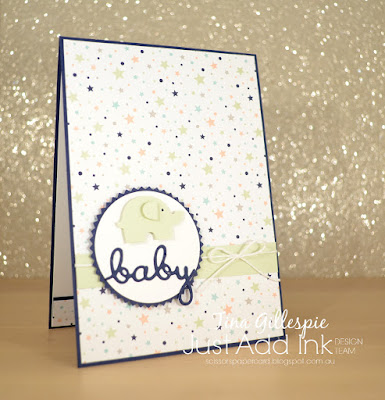 scissorspapercard, Stampin' Up!, Just Add Ink, Well Written Bundle, Elephant Builder Punch, Starburst Punch, Baby Card