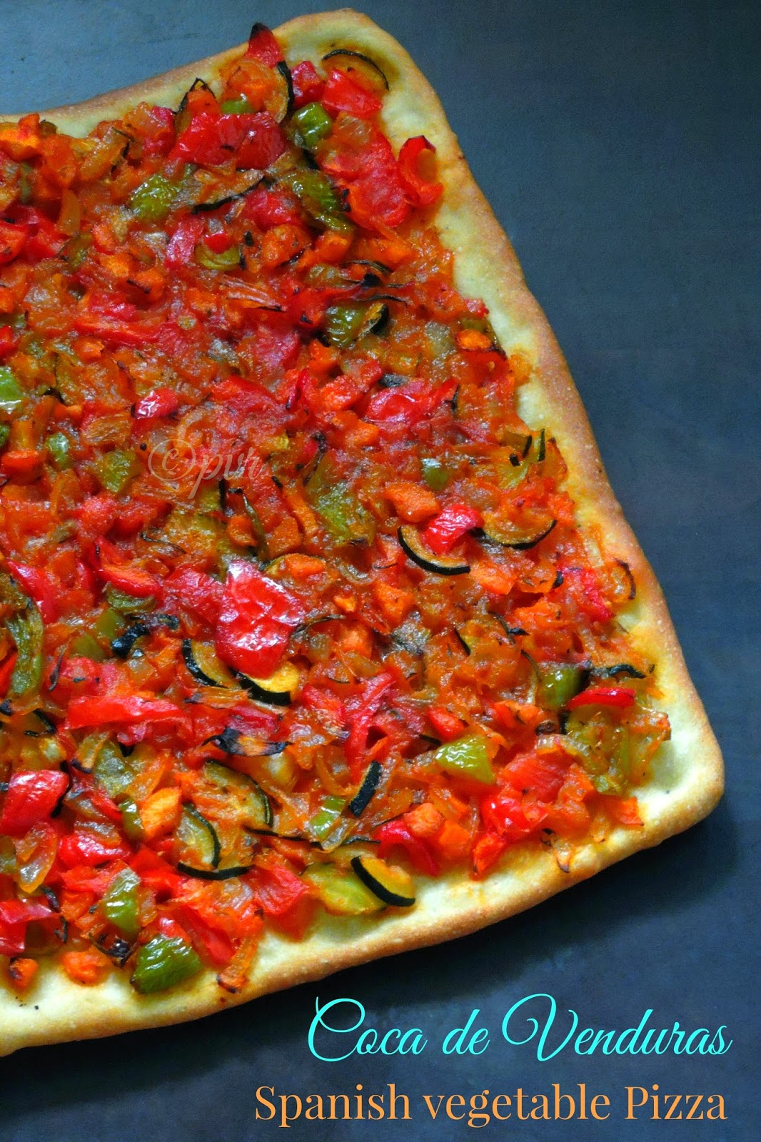 Vegan spanish pizza, coca de venduras, coca vegetable coca catalan