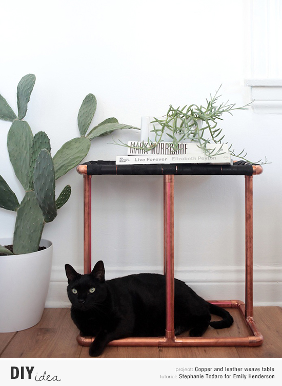 How to diy a copper and leather weave side table tutorial by Stephanie Todaro for Emily Henderson. Photo by Tessa Neustadt.