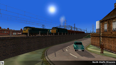 Fastline Simulation - North Staffs Minerals: Street view of Glebe Street junction as an electrically hauled down express overtakes a local trip hauled by a class 25
