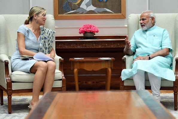 Queen Maxima met with Prime Minister Narendra Modi and interim Finance Minister Piyush Goyal. Queen Maxima wore recycled Natan dress