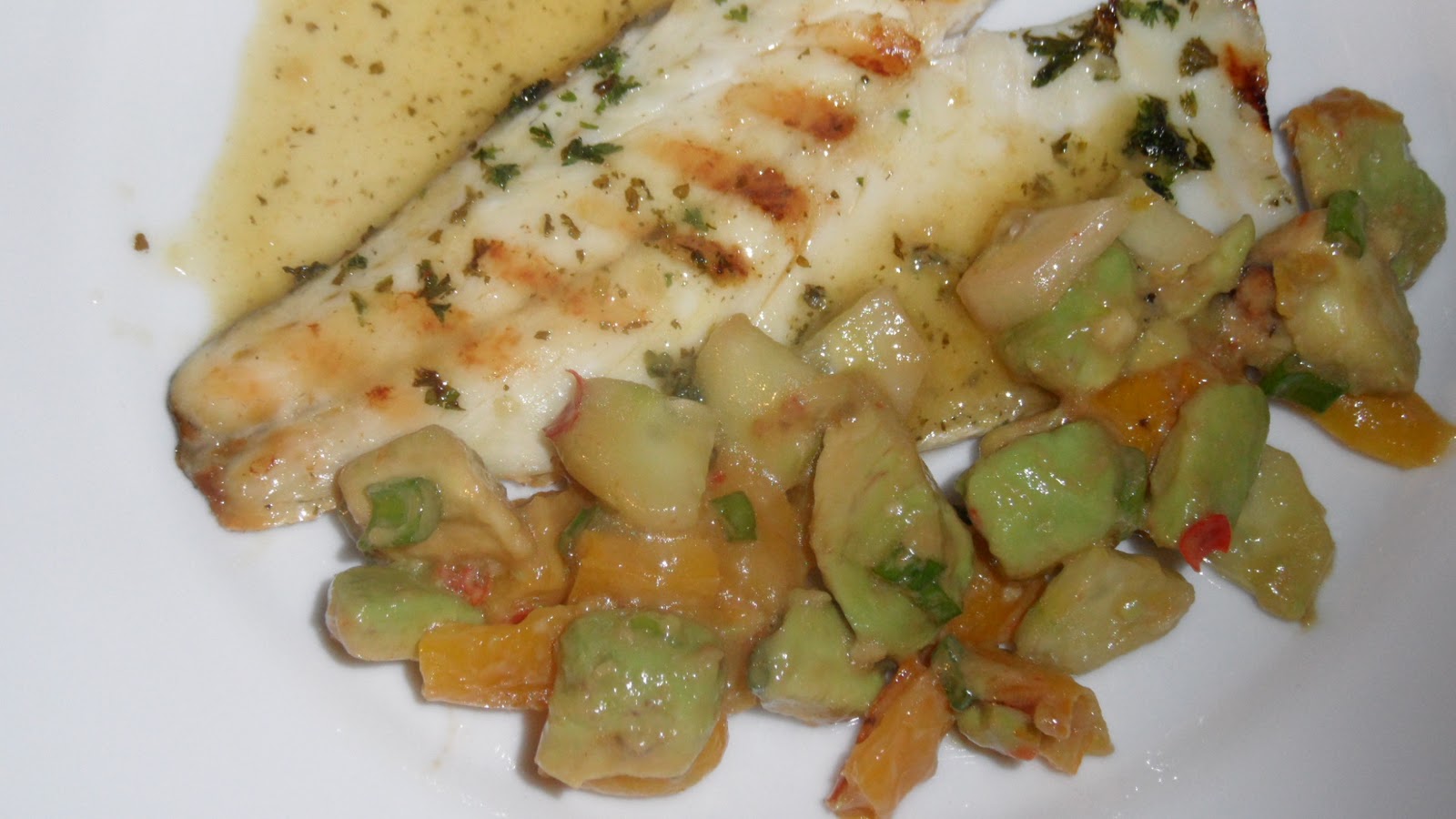 Chez Maximka Grilled sea bass with an avocado salsa