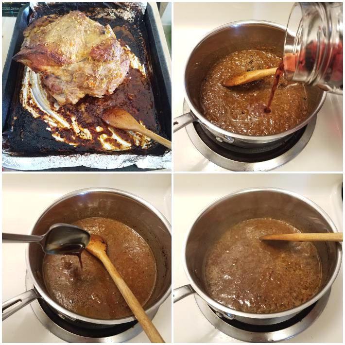 Preparación de la salsa para el pernil: se hace con los restos cocidos del adoba mas vino tinto dulce y vinagre balsámico