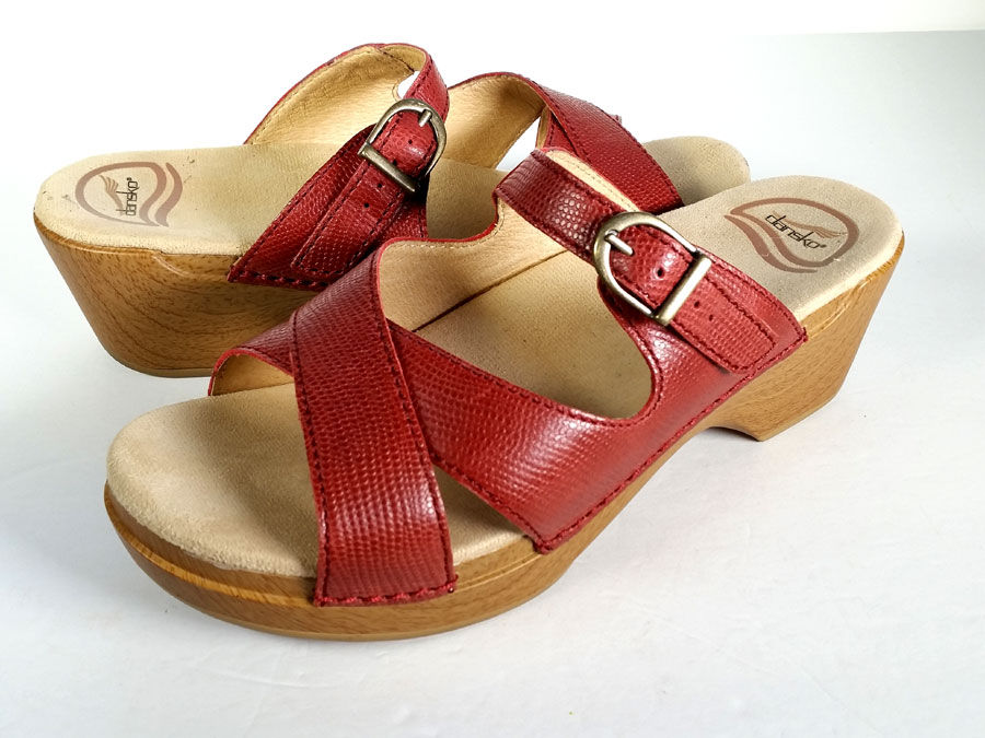 $120 Dansko 39 Sandal Red Lizard Leather Slip on w/ Heel *PRIMO* Womens ...