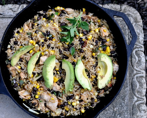 Black Beans & Rice Skillet Casserole with Smoked Chicken ♥ KitchenParade.com. Feeds a crowd. Weight Watchers Friendly.