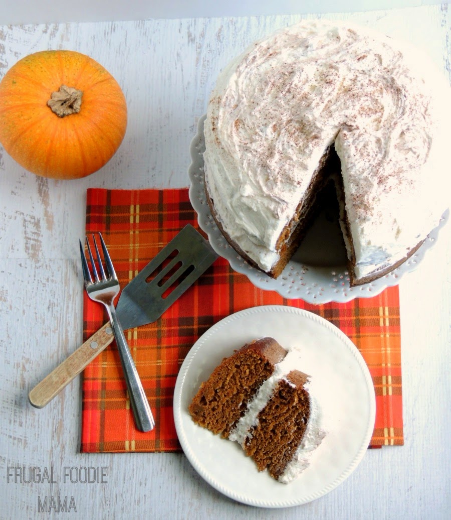 Pumpkin Spice Latte Layer Cake via thefrugalfoodiemama.com - your favorite fall coffee drink in a moist, decadent cake form!