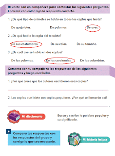 Respuestas Apoyo Primaria Español 2do grado Bloque 3 lección 1 Las coplas