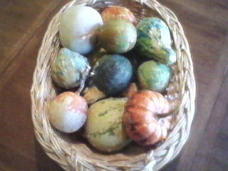 Thanksgiving Centerpiece with painted gourds and pumpkins