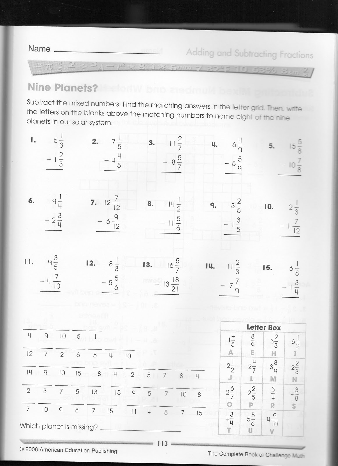 ASI Math 6th Grade 2011-2012: Subtract Mixed Numbers (Practice #6)