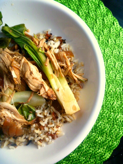 Slow Cooker Adobo Chicken with Bok Choy:  Chicken cooked in a tangy sweet sticky sauce low and slow and then shredded and mixed with the flavorful crunch of bok choy. - Slice of Southern