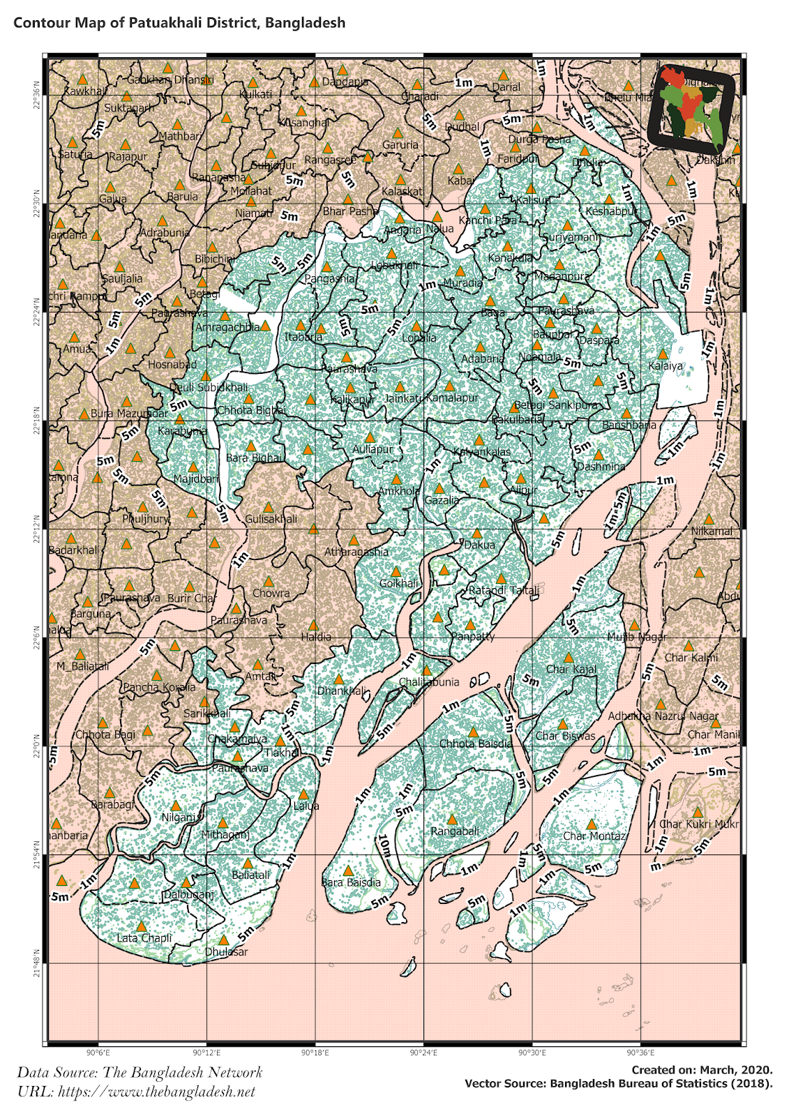 Elevation Map of Patuakhali District of Bangladesh