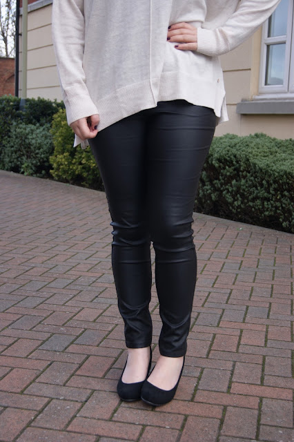H&M cream oversized slouchy jumper, ASDA faux pleather trouser leggings, ASDA black suede wedge heels, cosy, winter, Nars Audacious lipstick in Grace on pale skin