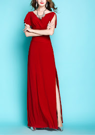 2017 Slit Flare Sleeve Crimson Red Long Dress
