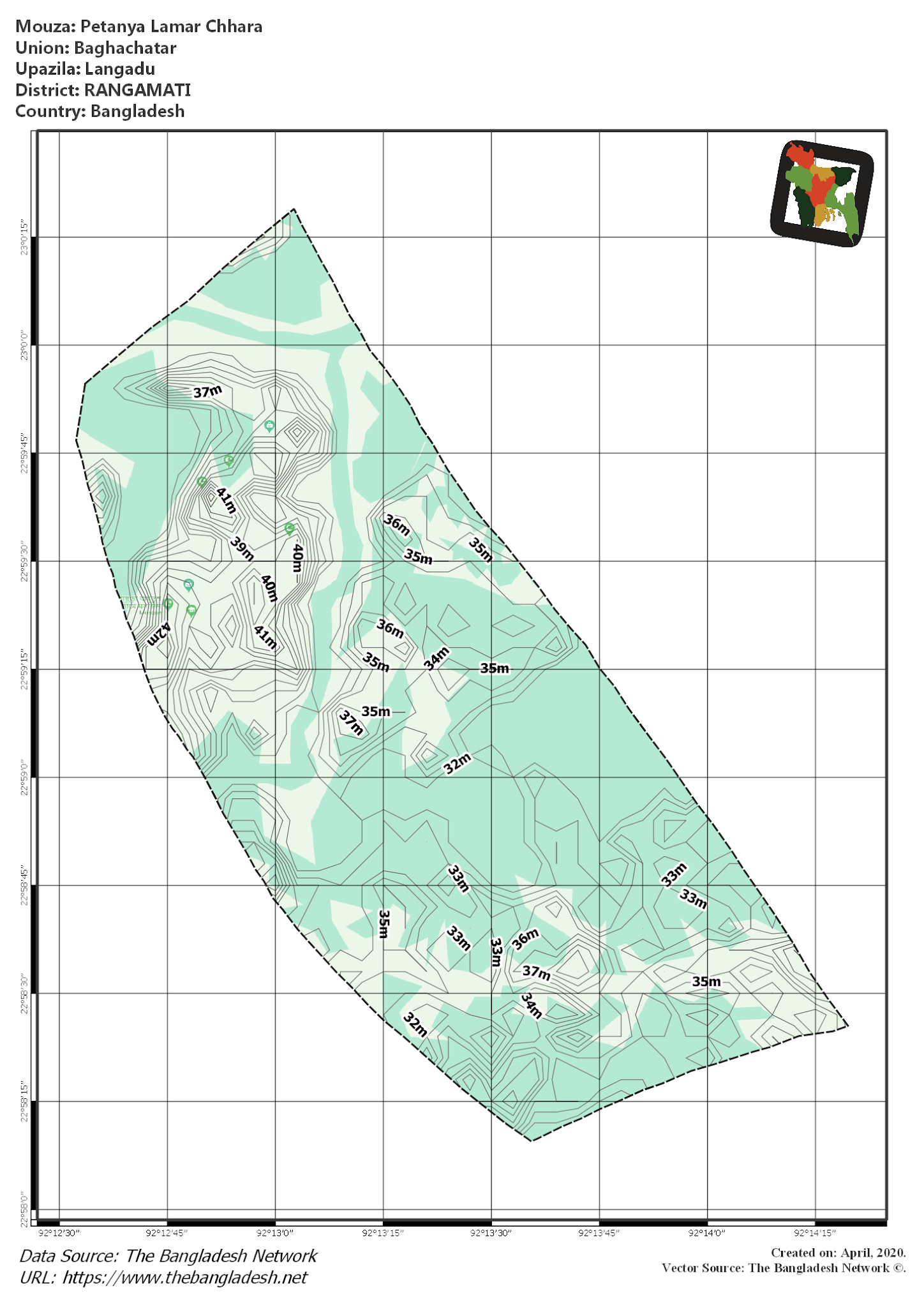 Map of Petanya Lamar Chhara Mouza of Langadu Upazila, RANGAMATI, Bangladesh.