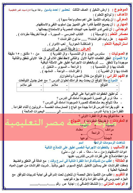  نموذج تحضير لغة عربية حديث للصف الثالث الابتدائى الترم الثانى بالقرائية روعة جدا  333