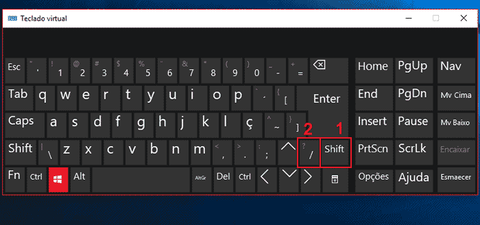 Colocando símbolo de interrogação pelo teclado virtual