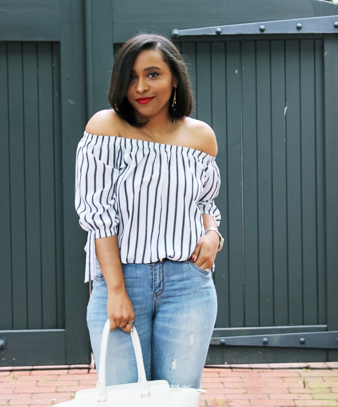 The Pair of Shoes Your Summer Wardrobe Needs, off the shoulder, summer tops, mule shoes, ripped denim, georgetowndc, summer outfits, off the shoulder trend, blue mules, mules shoe trend