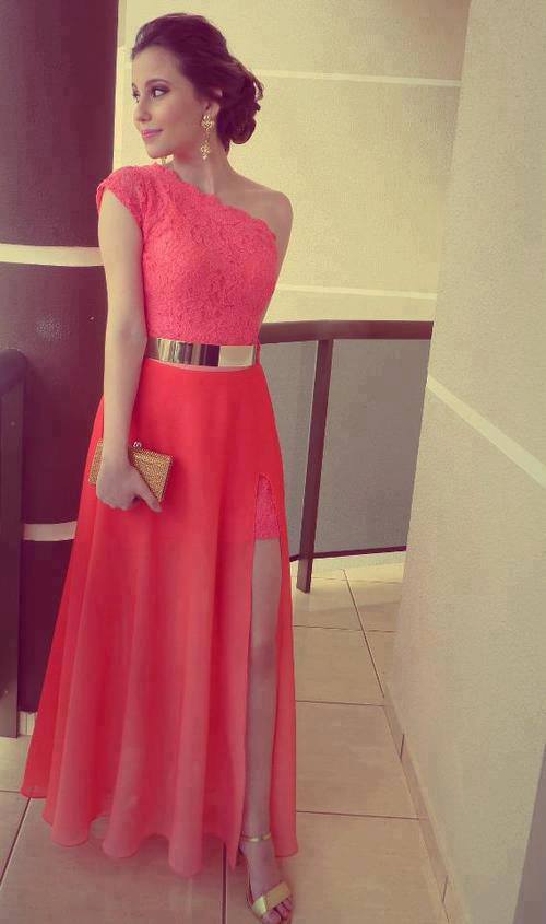 Beautifully Reckless asymmetric coral dress with gold accessories and