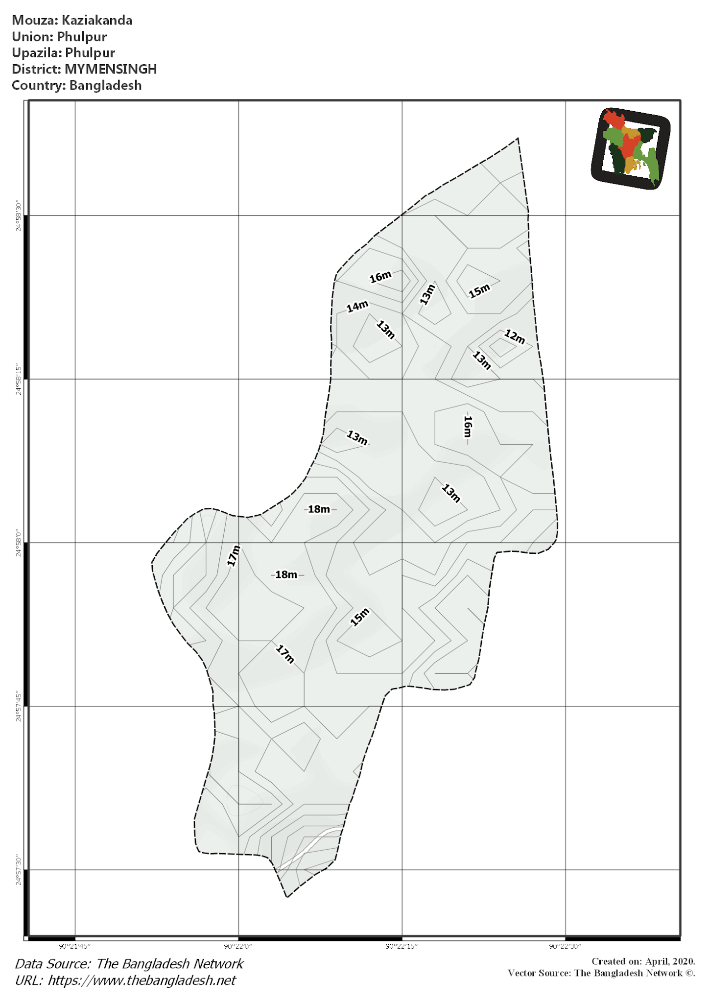 Map of Kaziakanda Mouza of Phulpur Upazila, MYMENSINGH, Bangladesh.