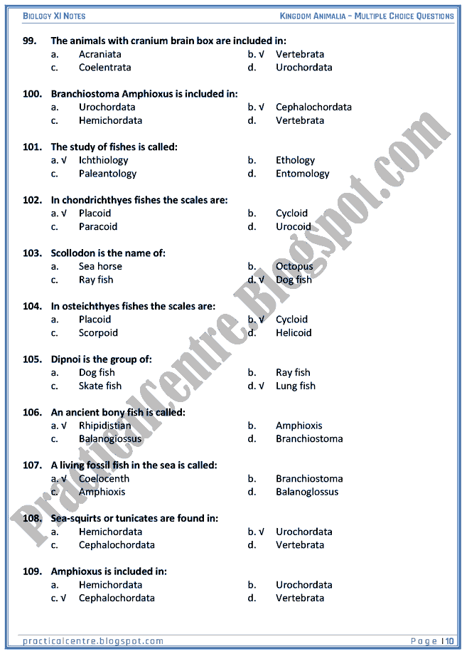 Kingdom Animalia - Multiple Choice Questions (MCQs) - Biology XI