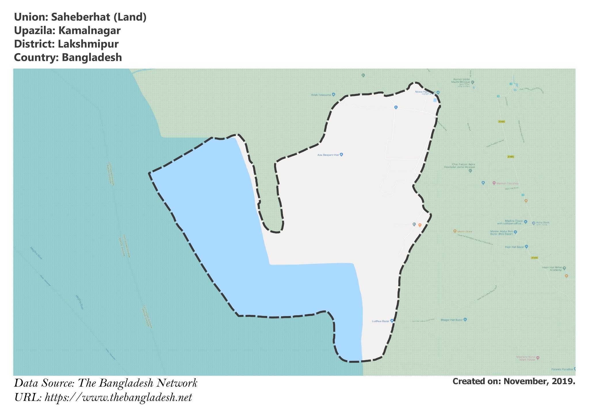 Map of Saheberhat of Lakshmipur, Bangladesh.