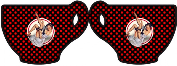 Tarjeta con forma de taza de Pin Up en Negro con Lunares Rojos. 