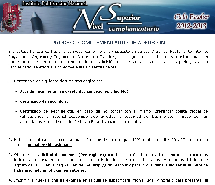 Fechas Convocatoria Segunda Vuelta IPN 2012 Nivel Superior: Examen 11 de  Agosto
