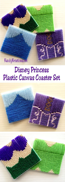 Decorate with your favorite princesses at your next Disney party.  You'll get Ariel, Tinkerbell, Cinderella, and Rapunzel with this four princess coaster set made from Plastic Canvas.