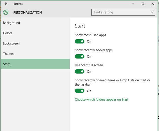Set the full screen start menu as default in Windows 10