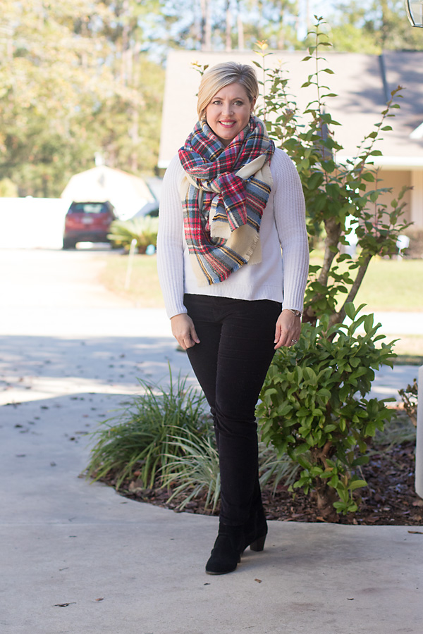 holiday outfit, plaid scarf, velvet pants