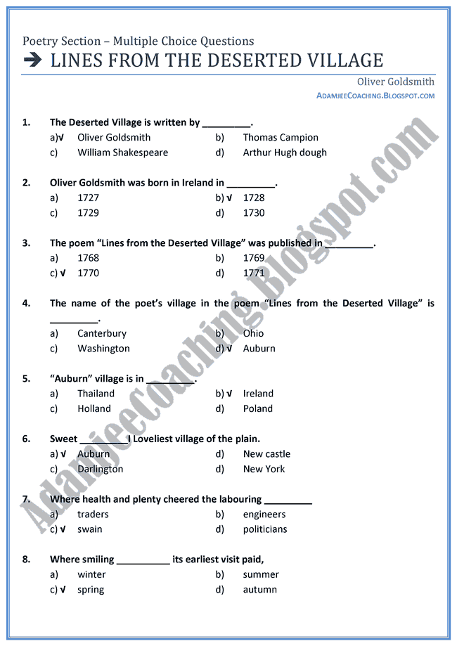 Adamjee Coaching Lines from the Deserted Village MCQs English XI