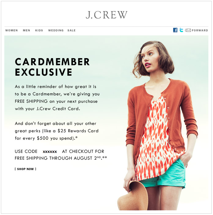 J.Crew Aficionada Cardmember Email Bonus perk for Cardmembers FREE